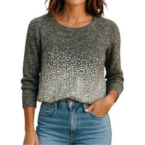 Eileen Fisher Marbled Sequin Cropped Sweater Size Small Gray White